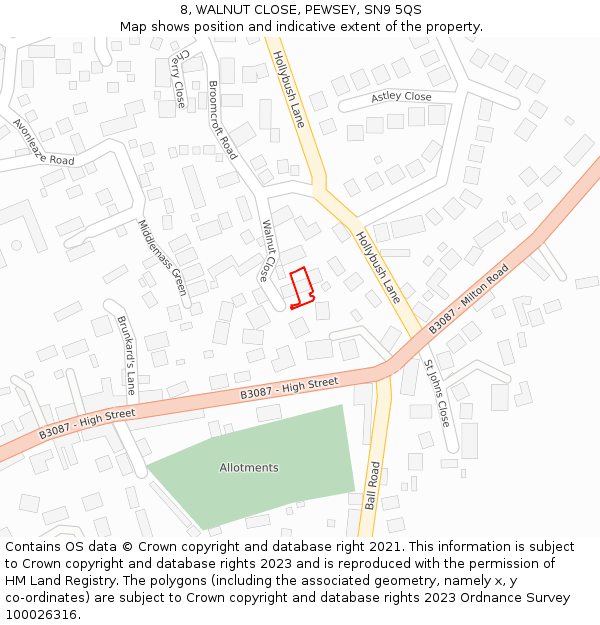 8, WALNUT CLOSE, PEWSEY, SN9 5QS: Location map and indicative extent of plot