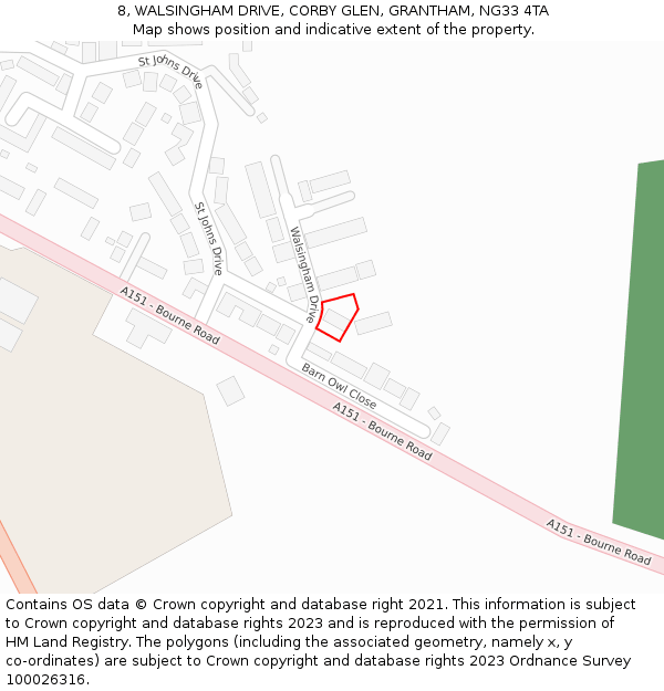 8, WALSINGHAM DRIVE, CORBY GLEN, GRANTHAM, NG33 4TA: Location map and indicative extent of plot