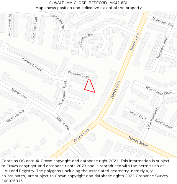 8, WALTHAM CLOSE, BEDFORD, MK41 8DL: Location map and indicative extent of plot