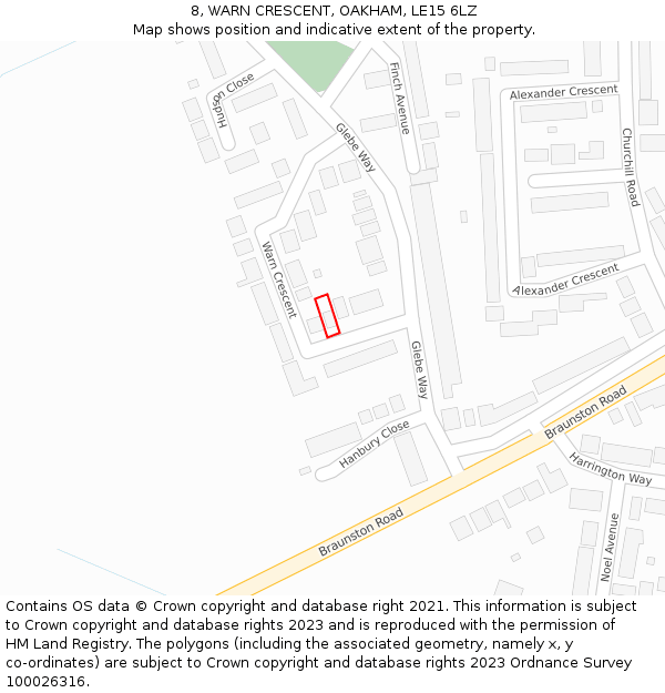 8, WARN CRESCENT, OAKHAM, LE15 6LZ: Location map and indicative extent of plot