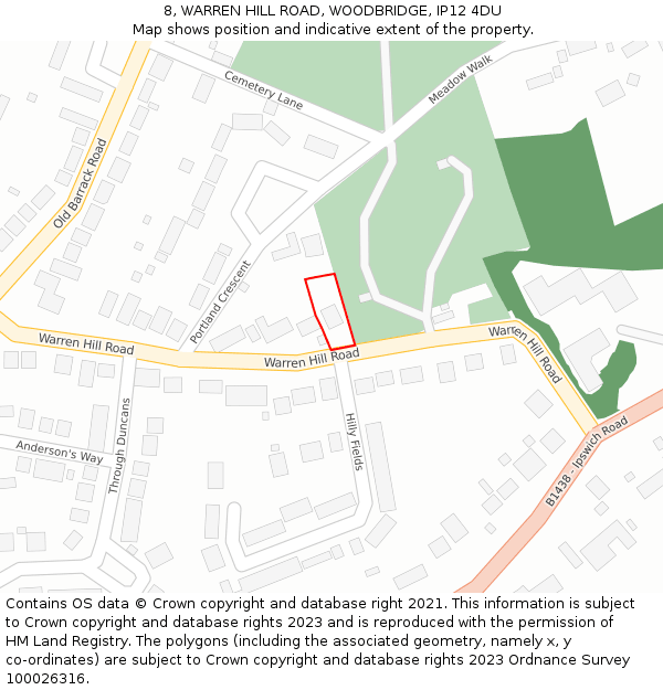 8, WARREN HILL ROAD, WOODBRIDGE, IP12 4DU: Location map and indicative extent of plot