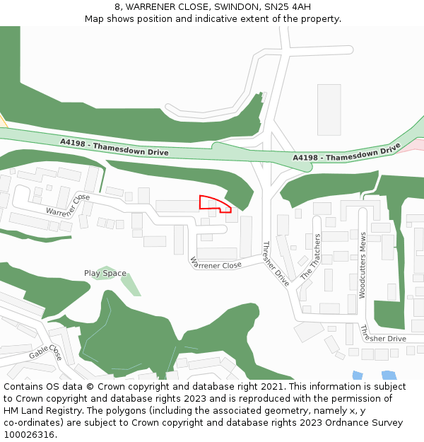 8, WARRENER CLOSE, SWINDON, SN25 4AH: Location map and indicative extent of plot