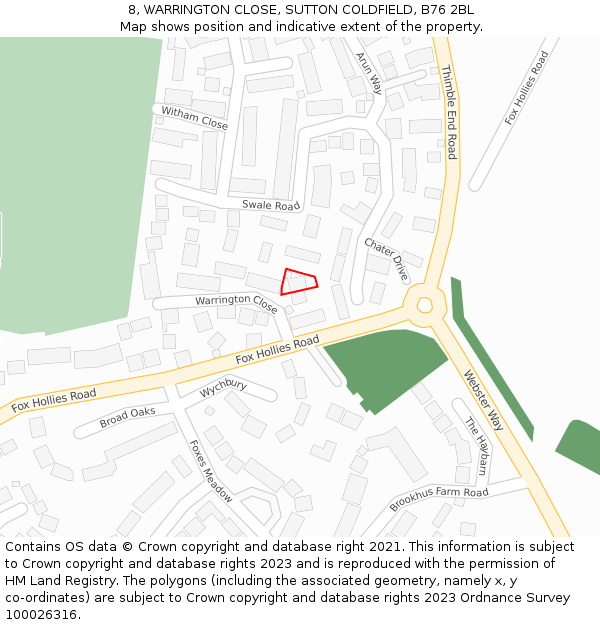 8, WARRINGTON CLOSE, SUTTON COLDFIELD, B76 2BL: Location map and indicative extent of plot