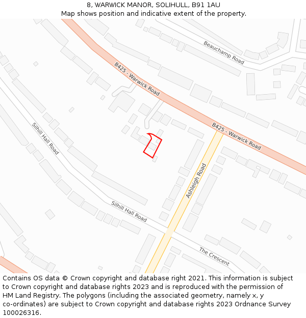 8, WARWICK MANOR, SOLIHULL, B91 1AU: Location map and indicative extent of plot