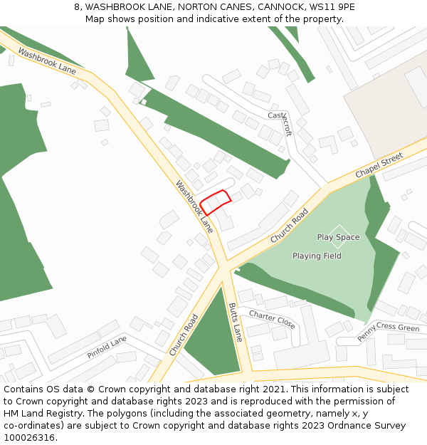 8, WASHBROOK LANE, NORTON CANES, CANNOCK, WS11 9PE: Location map and indicative extent of plot