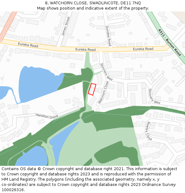 8, WATCHORN CLOSE, SWADLINCOTE, DE11 7NQ: Location map and indicative extent of plot