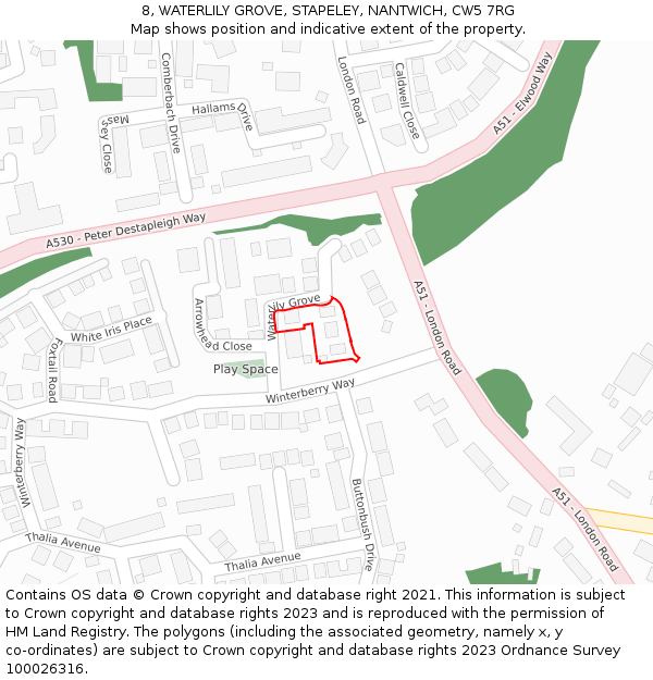 8, WATERLILY GROVE, STAPELEY, NANTWICH, CW5 7RG: Location map and indicative extent of plot