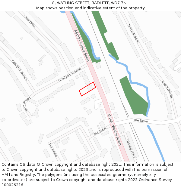 8, WATLING STREET, RADLETT, WD7 7NH: Location map and indicative extent of plot