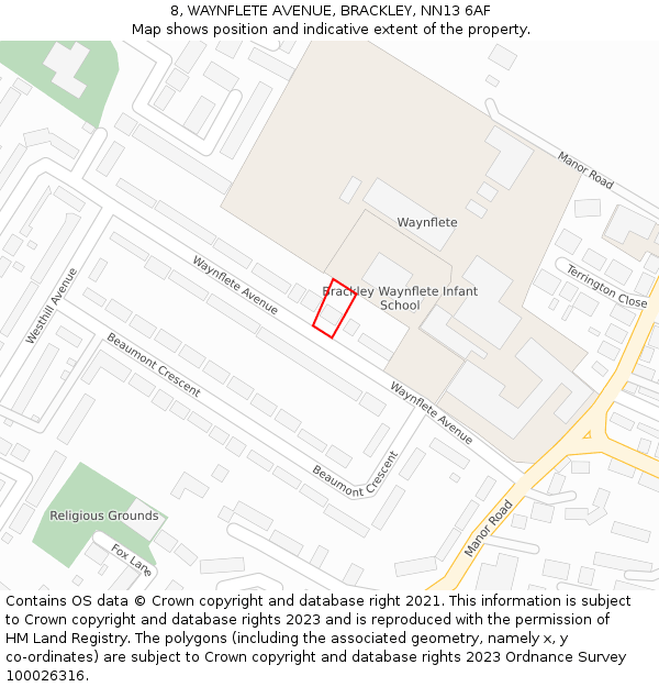 8, WAYNFLETE AVENUE, BRACKLEY, NN13 6AF: Location map and indicative extent of plot