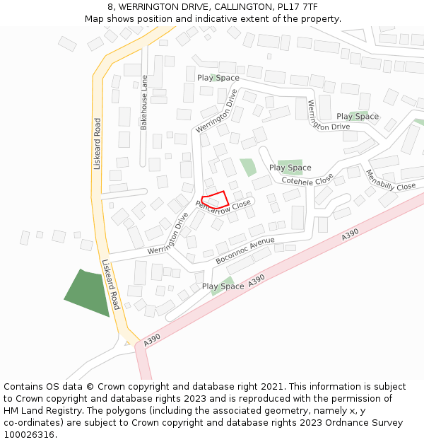 8, WERRINGTON DRIVE, CALLINGTON, PL17 7TF: Location map and indicative extent of plot