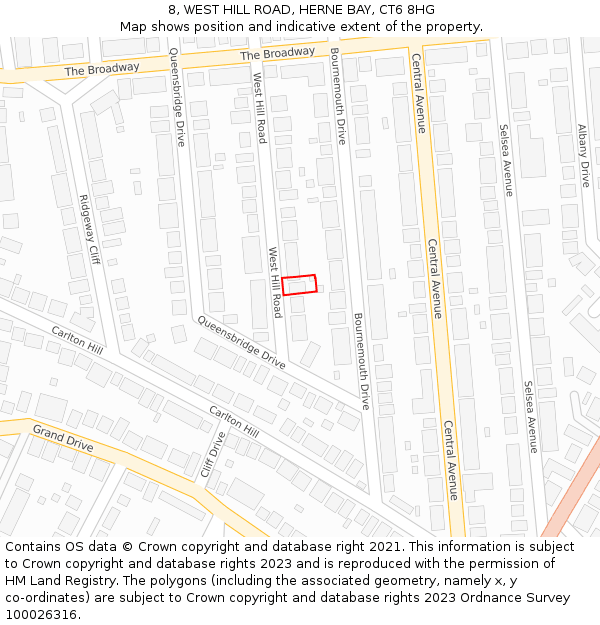 8, WEST HILL ROAD, HERNE BAY, CT6 8HG: Location map and indicative extent of plot