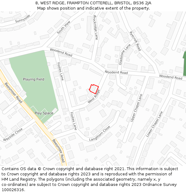 8, WEST RIDGE, FRAMPTON COTTERELL, BRISTOL, BS36 2JA: Location map and indicative extent of plot