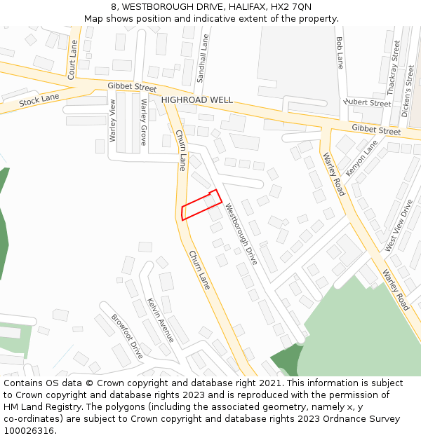 8, WESTBOROUGH DRIVE, HALIFAX, HX2 7QN: Location map and indicative extent of plot