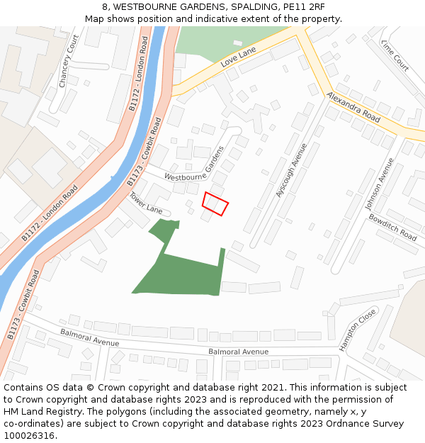 8, WESTBOURNE GARDENS, SPALDING, PE11 2RF: Location map and indicative extent of plot