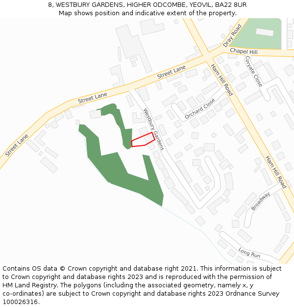 8, WESTBURY GARDENS, HIGHER ODCOMBE, YEOVIL, BA22 8UR: Location map and indicative extent of plot