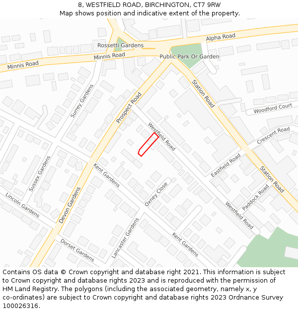 8, WESTFIELD ROAD, BIRCHINGTON, CT7 9RW: Location map and indicative extent of plot