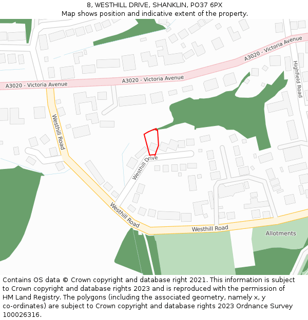 8, WESTHILL DRIVE, SHANKLIN, PO37 6PX: Location map and indicative extent of plot