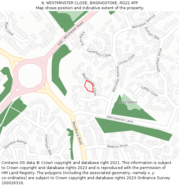 8, WESTMINSTER CLOSE, BASINGSTOKE, RG22 4PP: Location map and indicative extent of plot