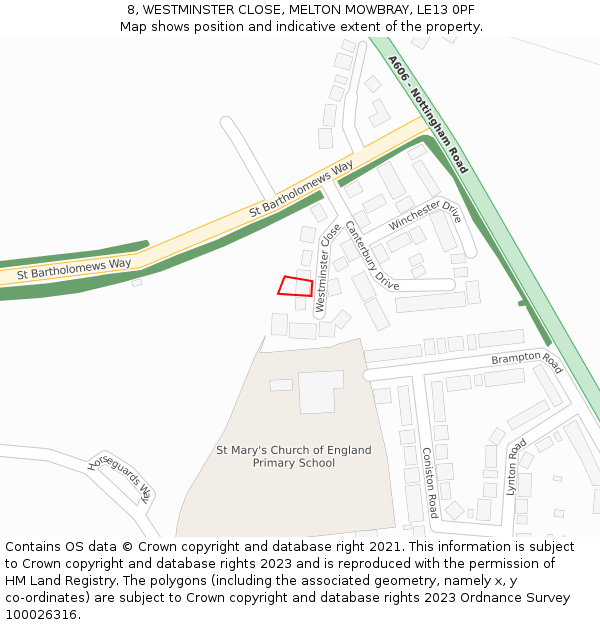 8, WESTMINSTER CLOSE, MELTON MOWBRAY, LE13 0PF: Location map and indicative extent of plot