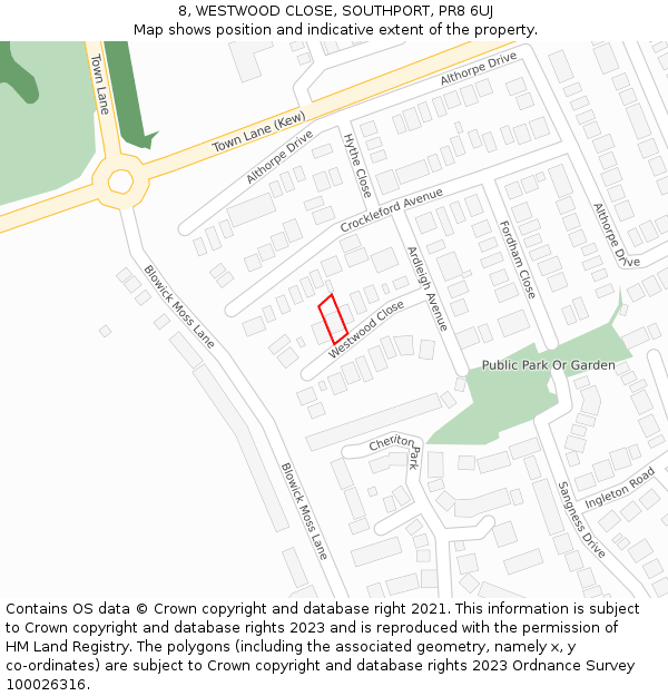 8, WESTWOOD CLOSE, SOUTHPORT, PR8 6UJ: Location map and indicative extent of plot