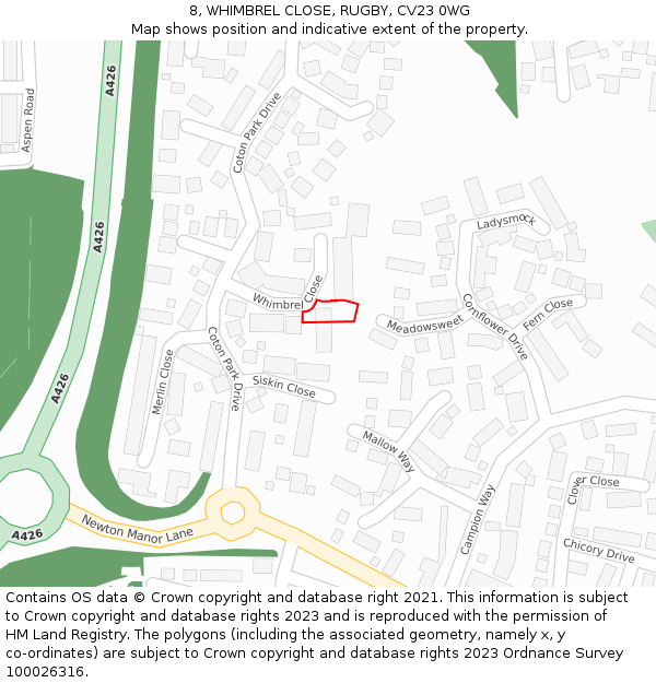 8, WHIMBREL CLOSE, RUGBY, CV23 0WG: Location map and indicative extent of plot