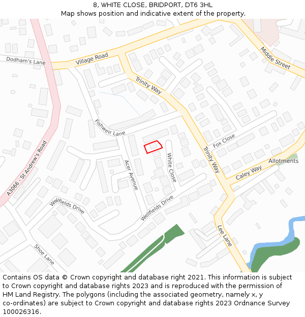 8, WHITE CLOSE, BRIDPORT, DT6 3HL: Location map and indicative extent of plot