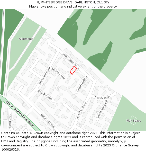 8, WHITEBRIDGE DRIVE, DARLINGTON, DL1 3TY: Location map and indicative extent of plot