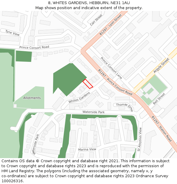 8, WHITES GARDENS, HEBBURN, NE31 1AU: Location map and indicative extent of plot