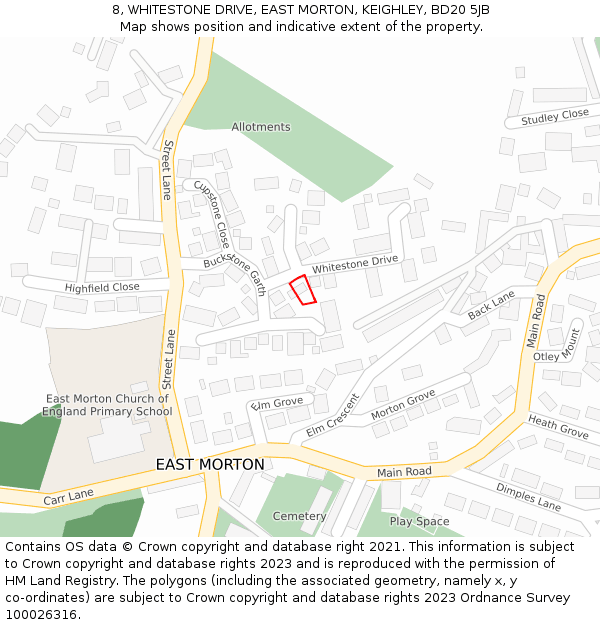 8, WHITESTONE DRIVE, EAST MORTON, KEIGHLEY, BD20 5JB: Location map and indicative extent of plot