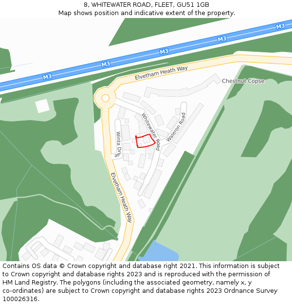 8, WHITEWATER ROAD, FLEET, GU51 1GB: Location map and indicative extent of plot