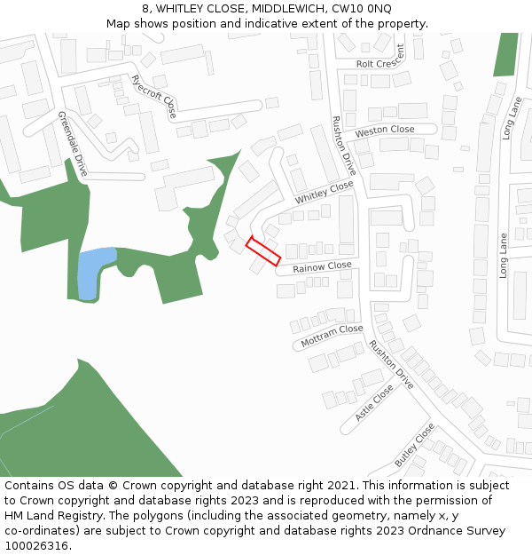 8, WHITLEY CLOSE, MIDDLEWICH, CW10 0NQ: Location map and indicative extent of plot