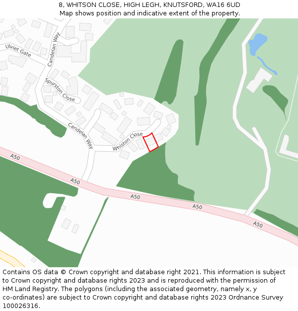 8, WHITSON CLOSE, HIGH LEGH, KNUTSFORD, WA16 6UD: Location map and indicative extent of plot