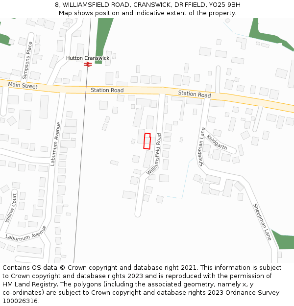 8, WILLIAMSFIELD ROAD, CRANSWICK, DRIFFIELD, YO25 9BH: Location map and indicative extent of plot