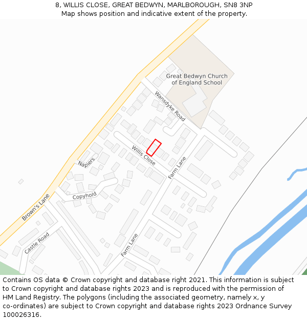 8, WILLIS CLOSE, GREAT BEDWYN, MARLBOROUGH, SN8 3NP: Location map and indicative extent of plot