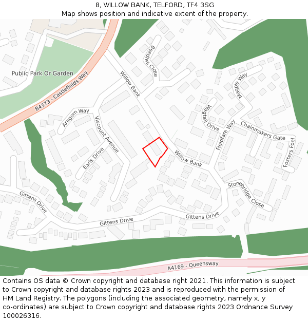 8, WILLOW BANK, TELFORD, TF4 3SG: Location map and indicative extent of plot