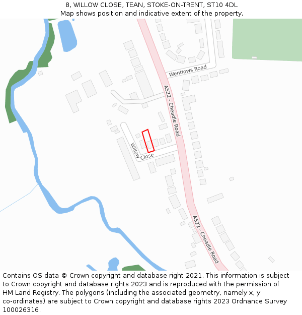 8, WILLOW CLOSE, TEAN, STOKE-ON-TRENT, ST10 4DL: Location map and indicative extent of plot