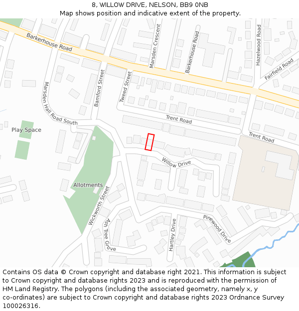 8, WILLOW DRIVE, NELSON, BB9 0NB: Location map and indicative extent of plot