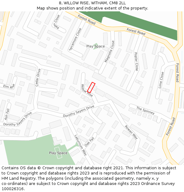 8, WILLOW RISE, WITHAM, CM8 2LL: Location map and indicative extent of plot