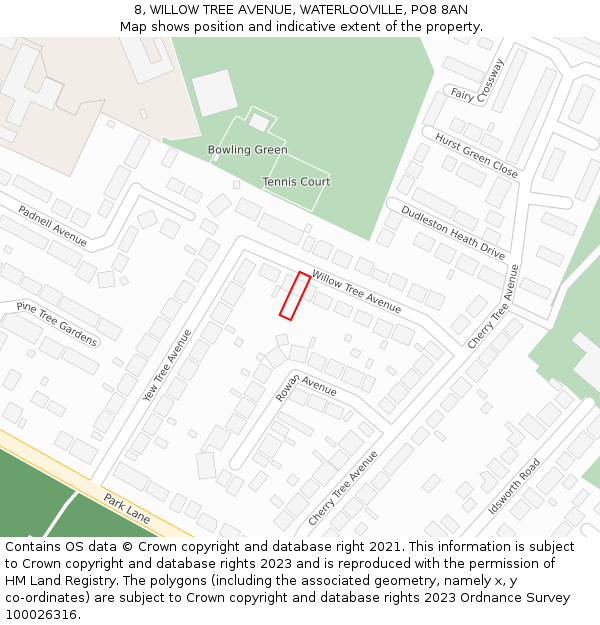 8, WILLOW TREE AVENUE, WATERLOOVILLE, PO8 8AN: Location map and indicative extent of plot