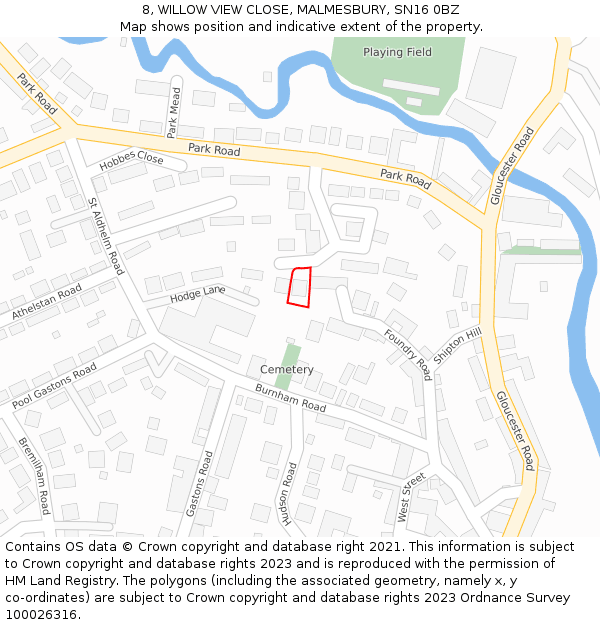8, WILLOW VIEW CLOSE, MALMESBURY, SN16 0BZ: Location map and indicative extent of plot