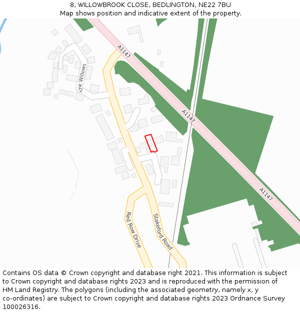8, WILLOWBROOK CLOSE, BEDLINGTON, NE22 7BU: Location map and indicative extent of plot