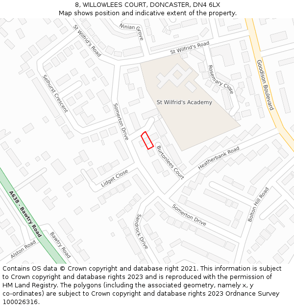 8, WILLOWLEES COURT, DONCASTER, DN4 6LX: Location map and indicative extent of plot