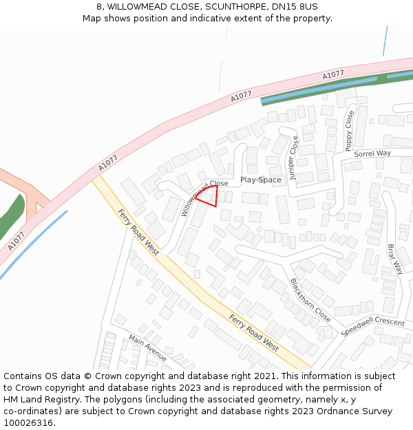 8, WILLOWMEAD CLOSE, SCUNTHORPE, DN15 8US: Location map and indicative extent of plot