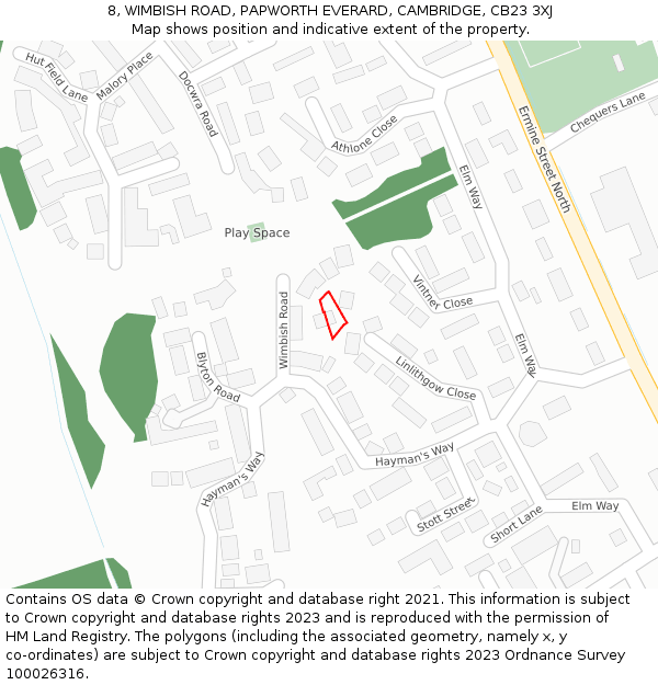 8, WIMBISH ROAD, PAPWORTH EVERARD, CAMBRIDGE, CB23 3XJ: Location map and indicative extent of plot