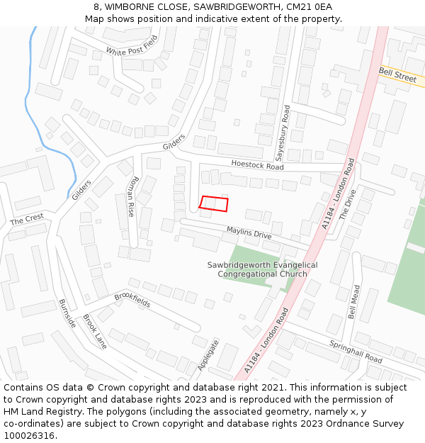 8, WIMBORNE CLOSE, SAWBRIDGEWORTH, CM21 0EA: Location map and indicative extent of plot