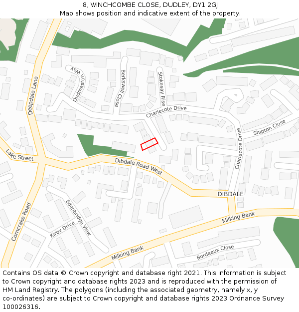 8, WINCHCOMBE CLOSE, DUDLEY, DY1 2GJ: Location map and indicative extent of plot