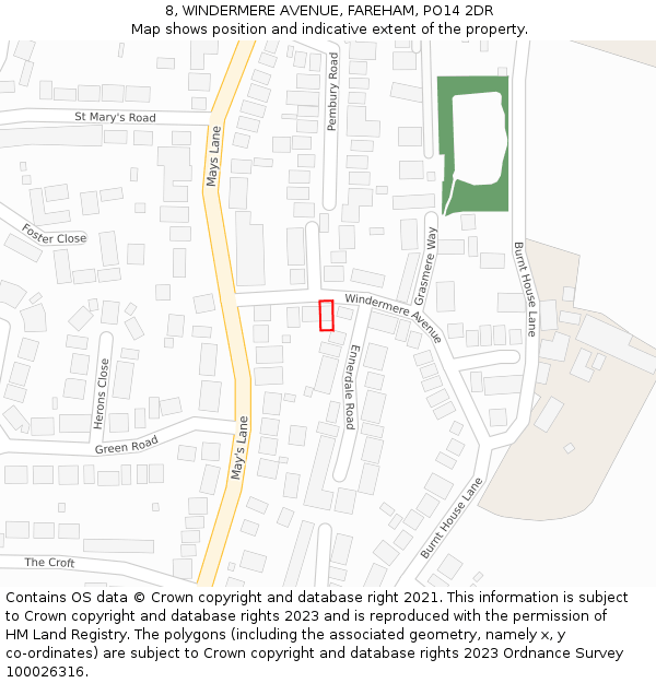 8, WINDERMERE AVENUE, FAREHAM, PO14 2DR: Location map and indicative extent of plot