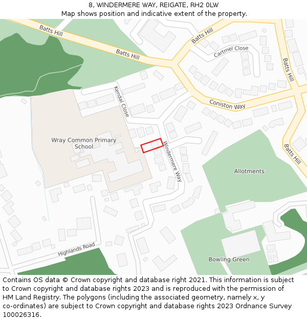 8, WINDERMERE WAY, REIGATE, RH2 0LW: Location map and indicative extent of plot