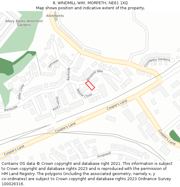 8, WINDMILL WAY, MORPETH, NE61 1XQ: Location map and indicative extent of plot