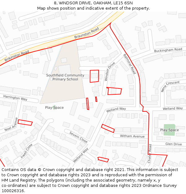 8, WINDSOR DRIVE, OAKHAM, LE15 6SN: Location map and indicative extent of plot